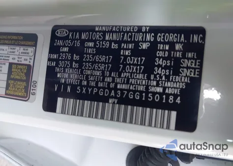 2016 Kia Sorento 2.4L Lx z USA, uszkodzony, nr VIN 5XYPGDA37GG150184